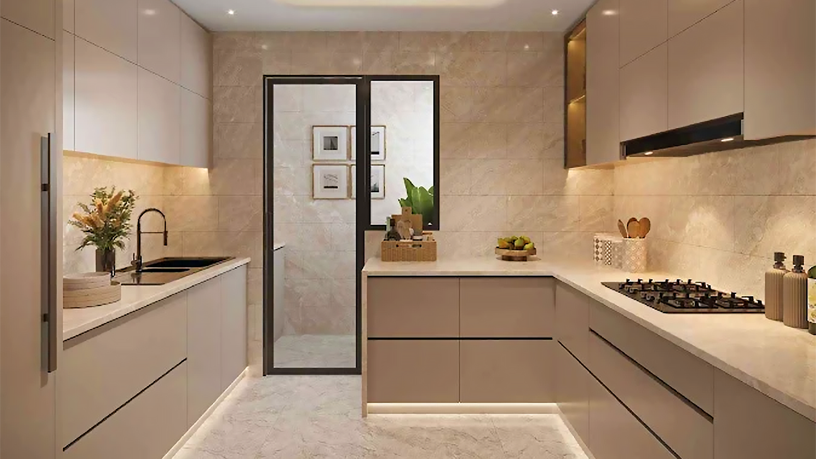 Elegant hotel lobby with chandelier and marble floors